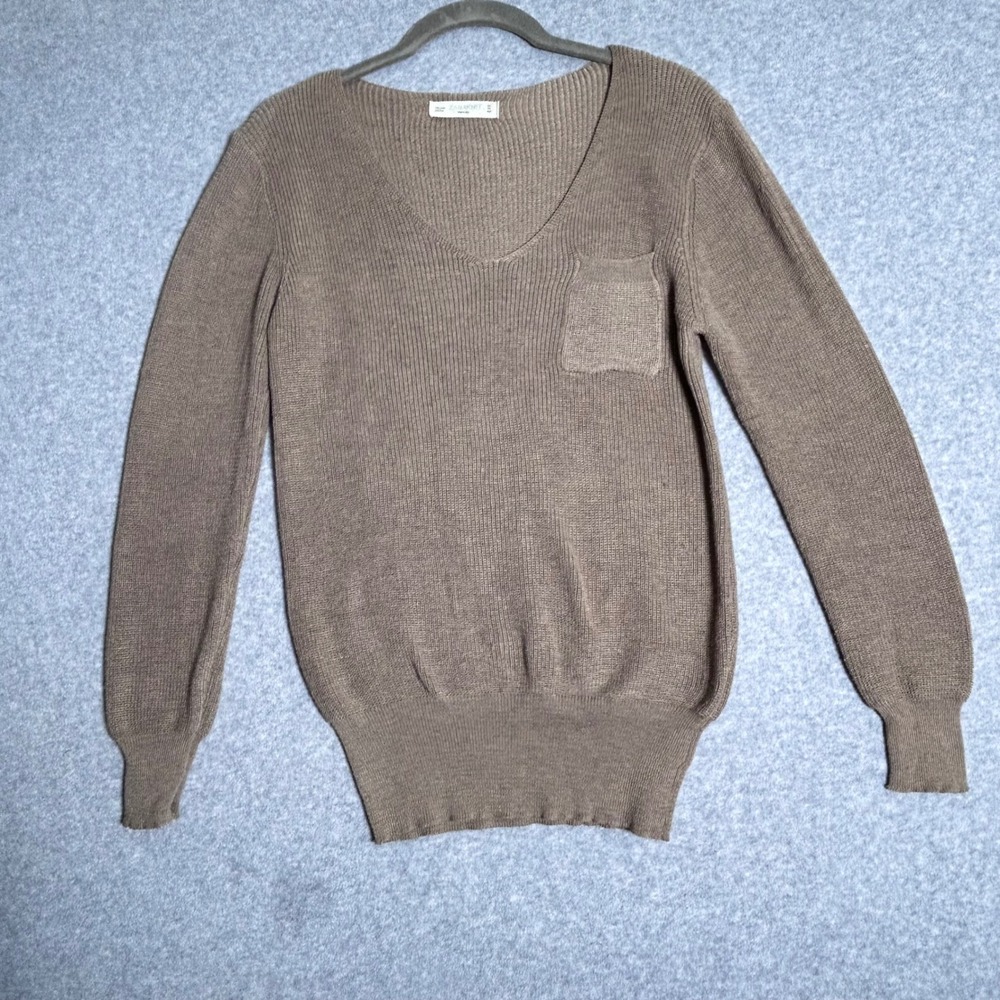 Zara Knit V-Neck Sweater Women Small Brown Cotton Wool Pocket Minimalist Basic